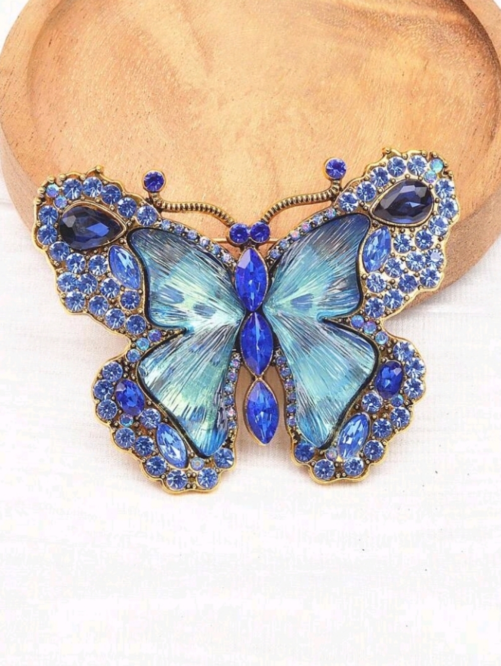 Blue Butterfly Rhinestone Large Brooch with Gold Accents